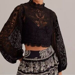 FARM Rio Black Guipure Lace Balloon sleeve, Blouse. EUC. No flaws. Womens Small